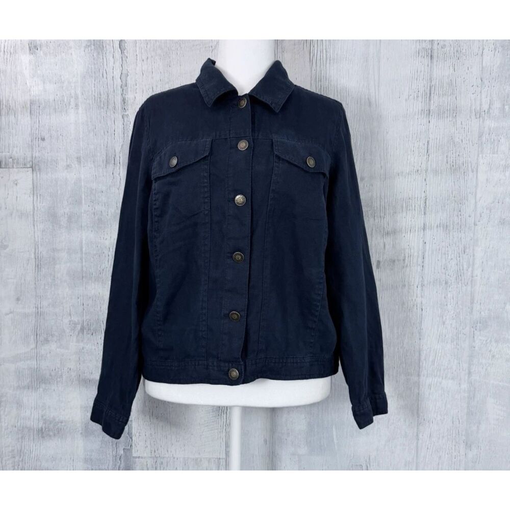 Carole Little Button Up Shacket Womens Sz X Blouse Navy Blue 100% Linen Pockets